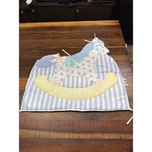 Vintage Lrg Fabric Rocking Horse Blue White Yellow Baby Room Wall Hanging 24x25